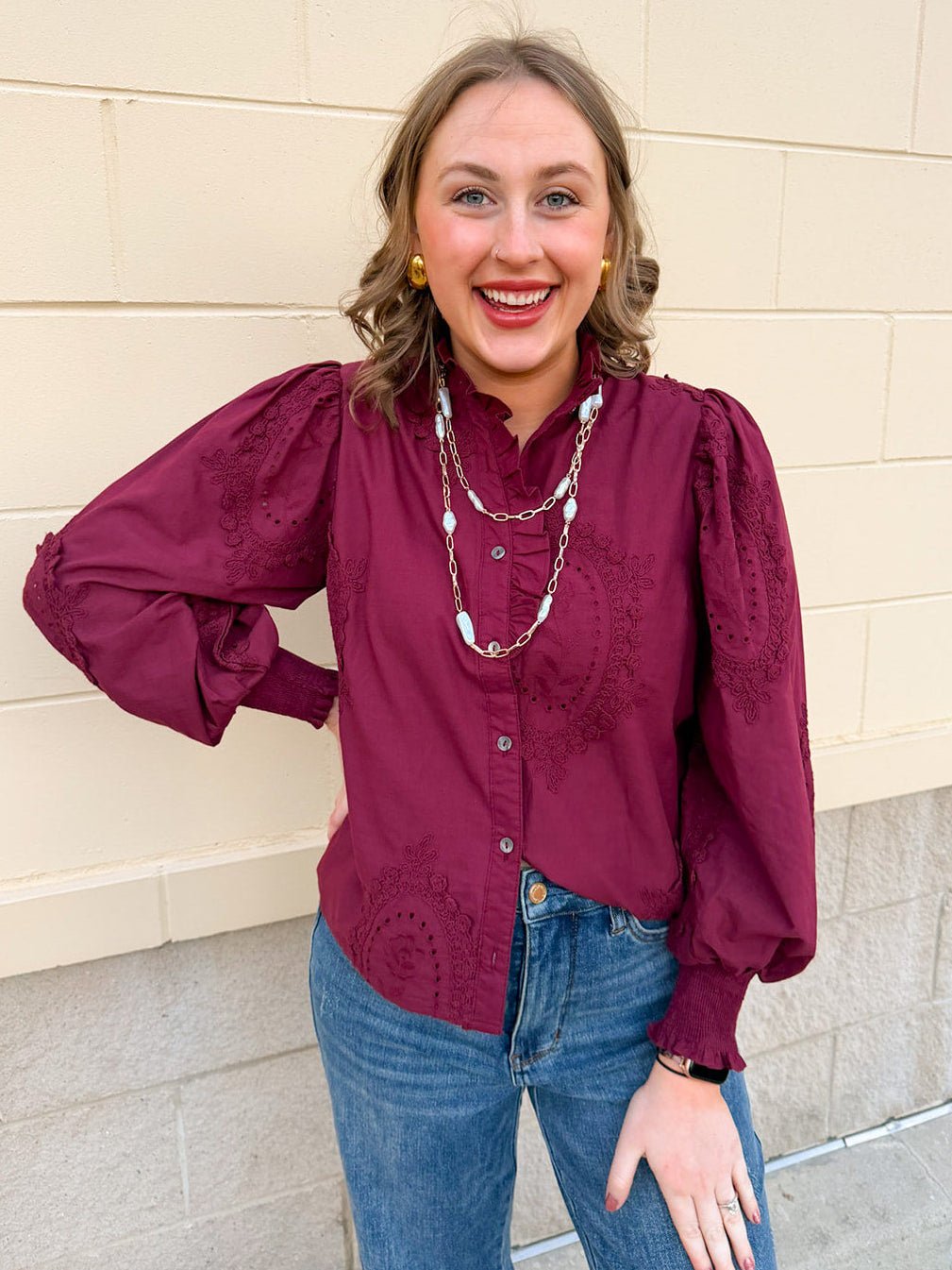 Crimson Charm Ruffle Neck Blouse - The Pink Pineapple 850