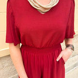 Crimson Charm Smocked Jumpsuit - The Pink Pineapple 850