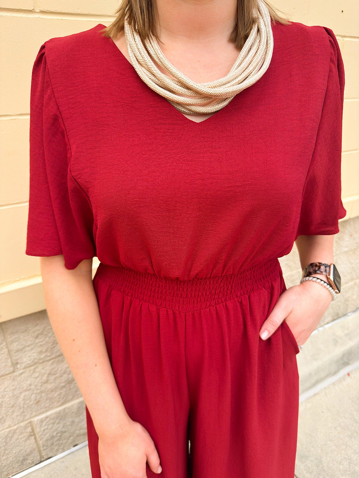 Crimson Charm Smocked Jumpsuit - The Pink Pineapple 850