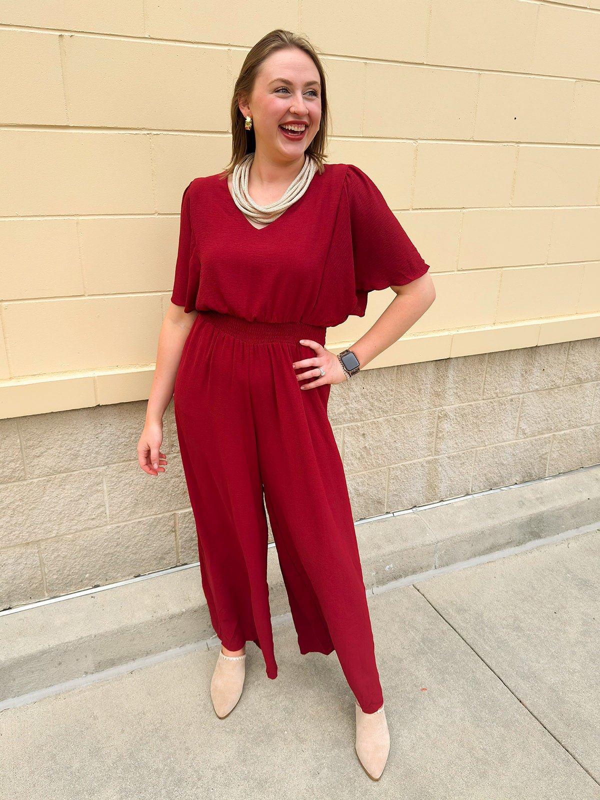 Crimson Charm Smocked Jumpsuit - The Pink Pineapple 850