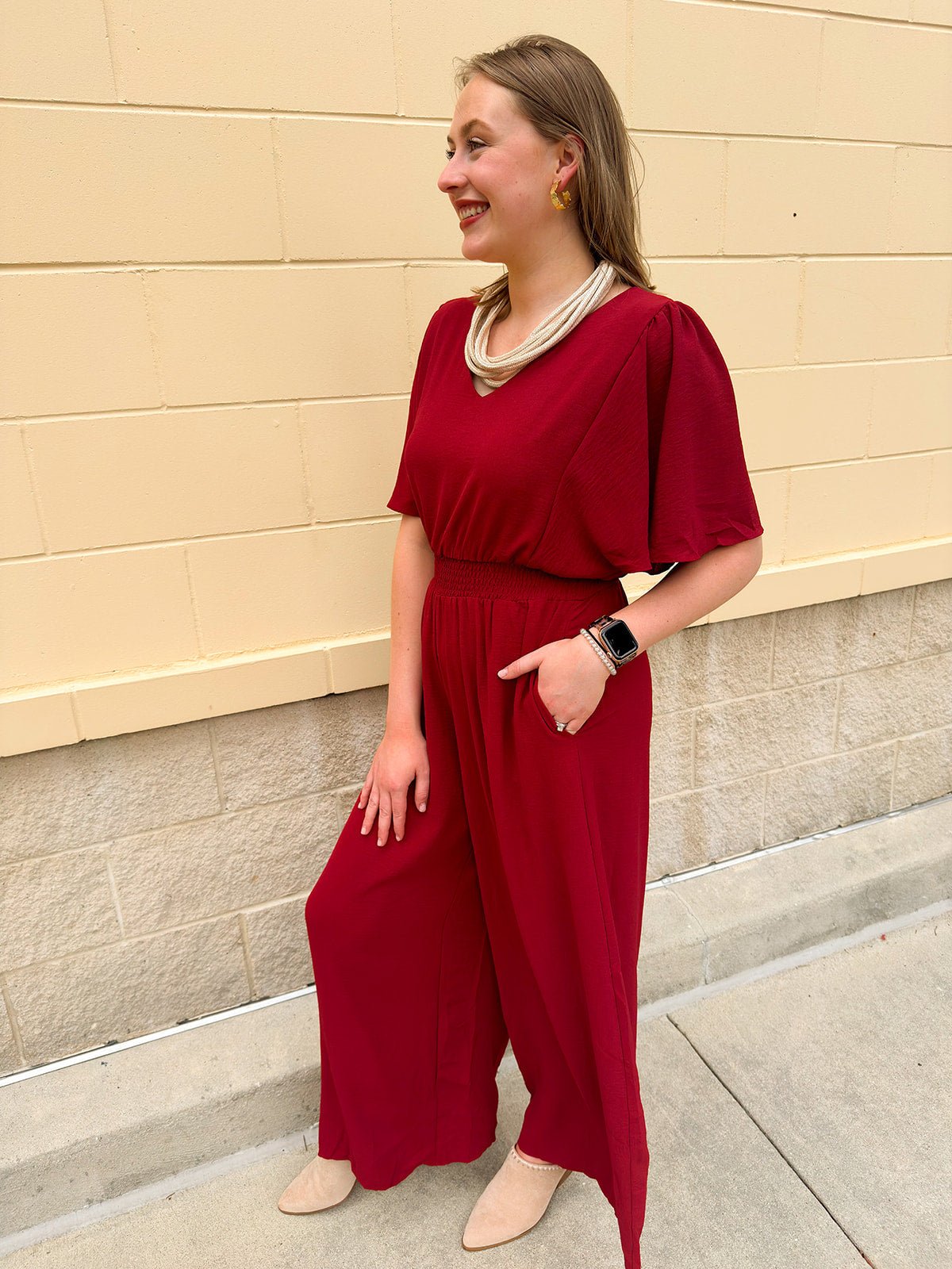 Crimson Charm Smocked Jumpsuit - The Pink Pineapple 850