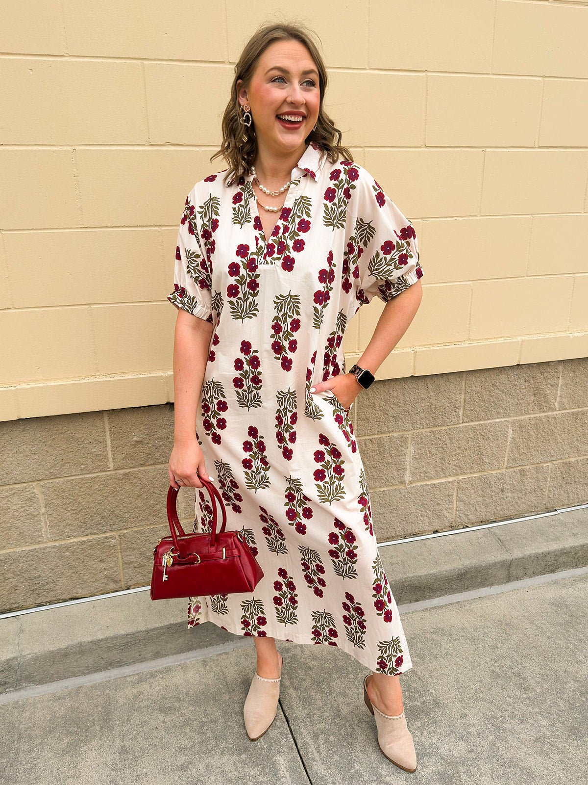 Crimson Petal Collared Midi Dress - The Pink Pineapple 850