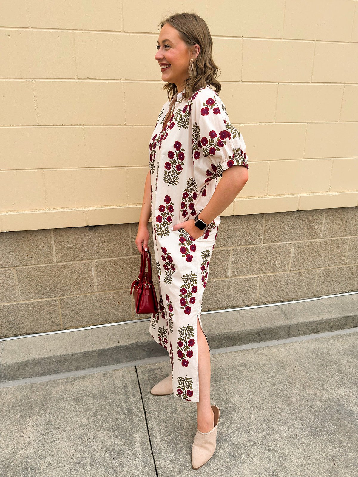 Crimson Petal Collared Midi Dress - The Pink Pineapple 850