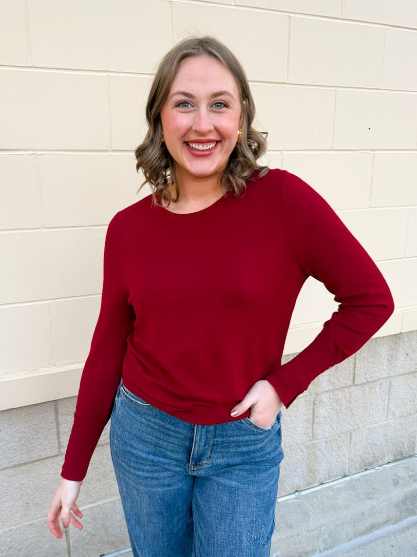 Crimson Poise Button - Cuff Knit Top - The Pink Pineapple 850