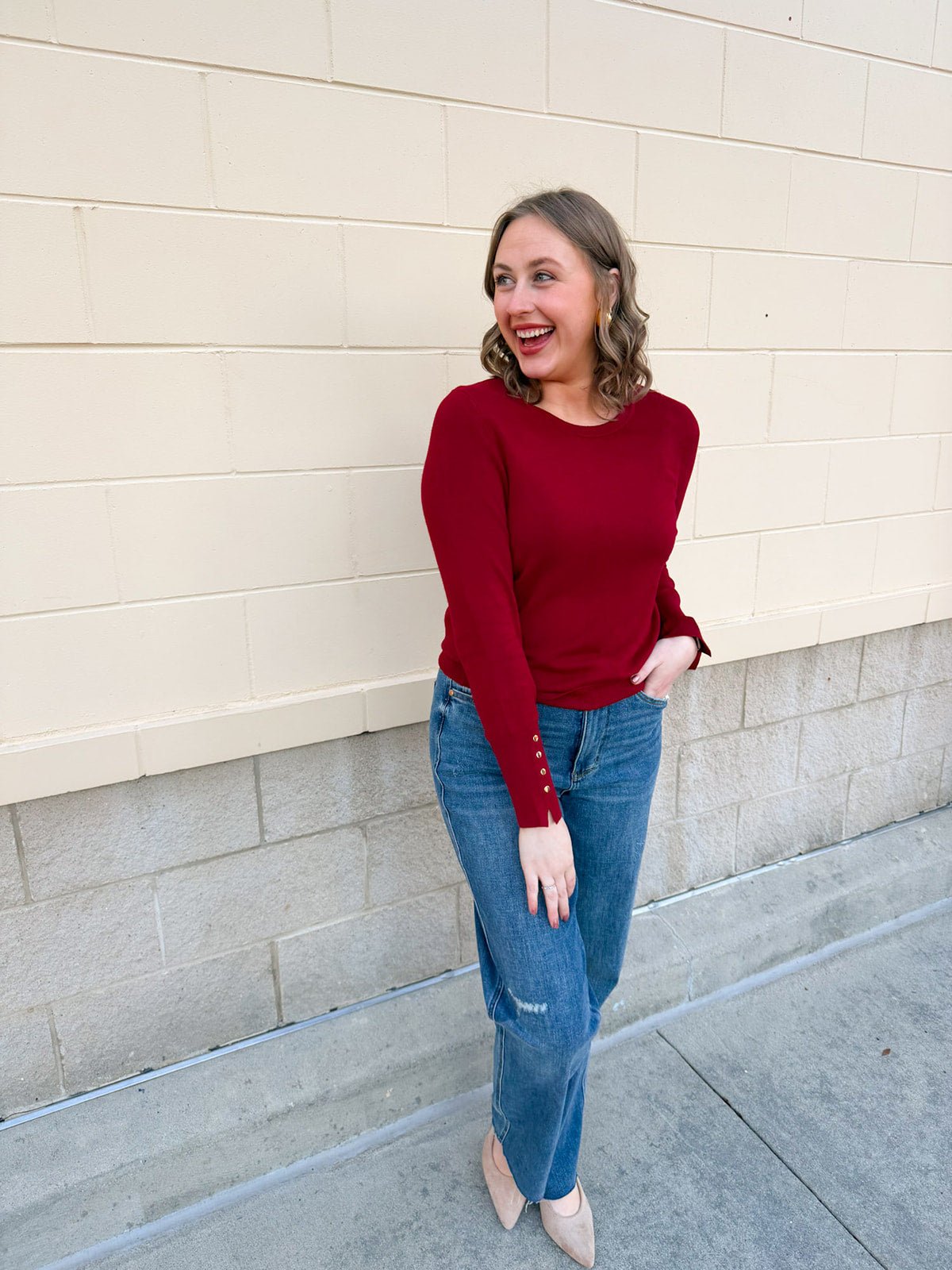 Crimson Poise Button - Cuff Knit Top - The Pink Pineapple 850
