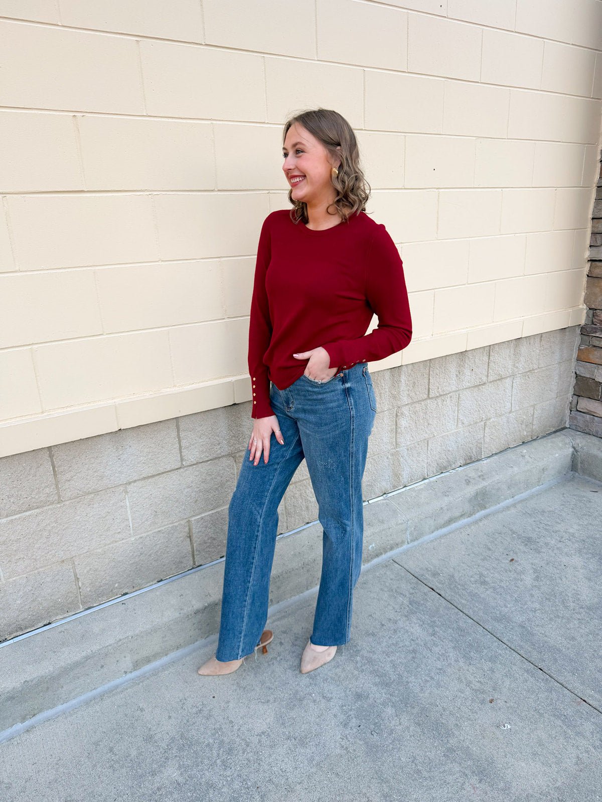 Crimson Poise Button - Cuff Knit Top - The Pink Pineapple 850