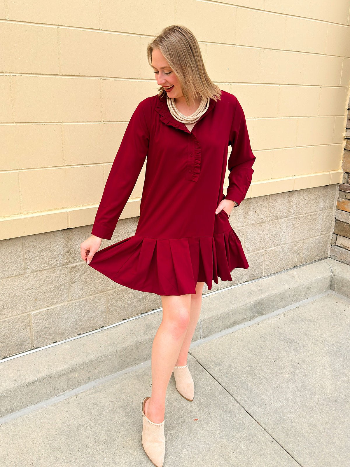 Crimson Ruffle Reverie Shift Dress | The Pink Pineapple 850 Crimson Ruffle Reverie Shift Dress | The Pink Pineapple 850
