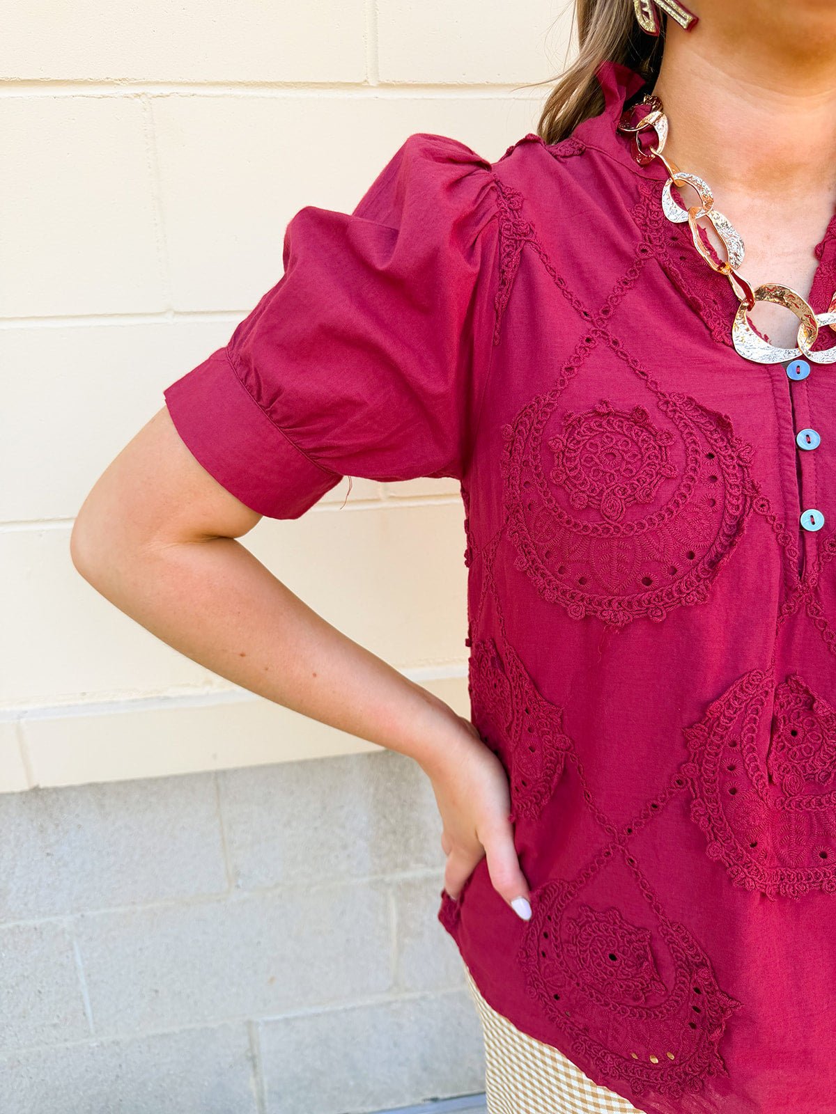 Crimson Whisper Embroidered Top - The Pink Pineapple 850