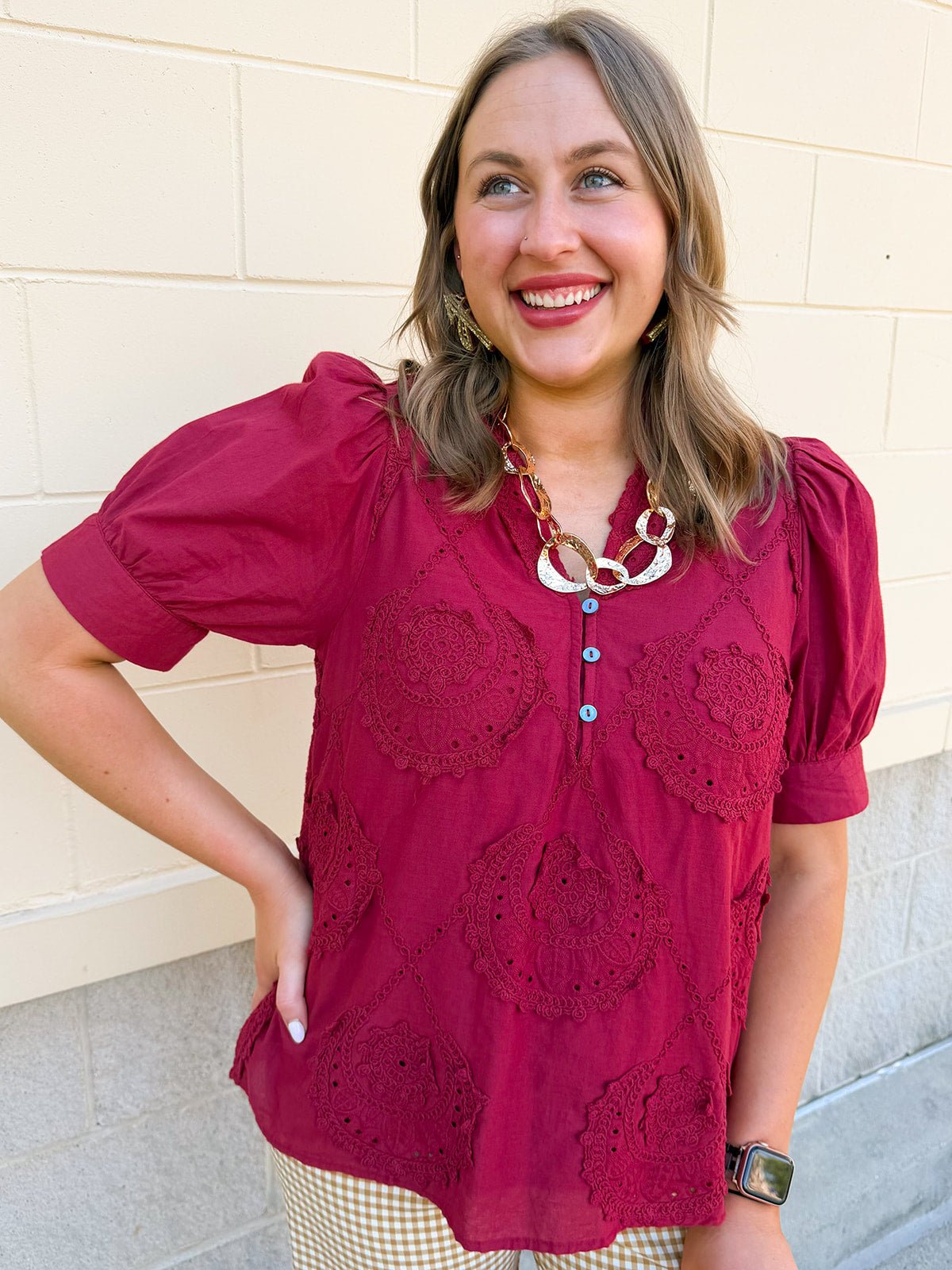 Crimson Whisper Embroidered Top - The Pink Pineapple 850