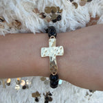 Cross Charm Glass Beaded Stretch Bracelet Black - The Pink Pineapple 850