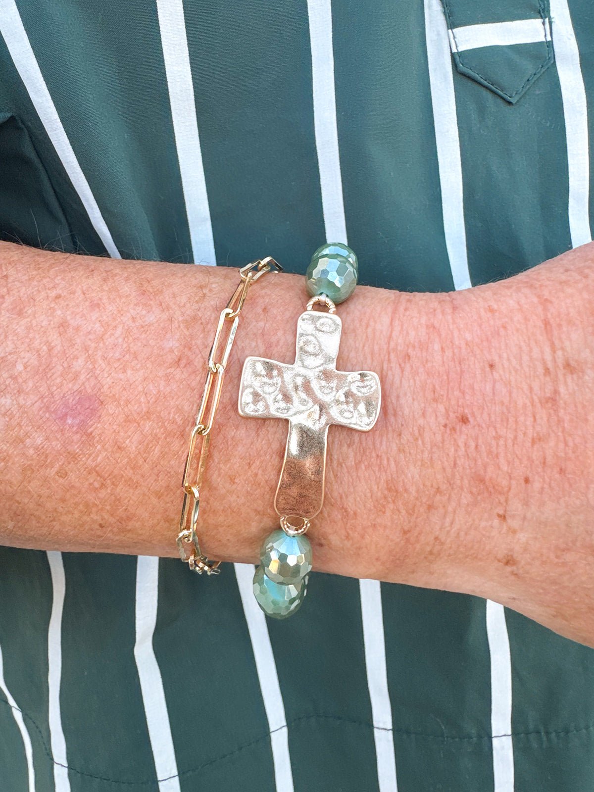 Cross Charm Glass Beaded Stretch Bracelet in Olive - The Pink Pineapple 850