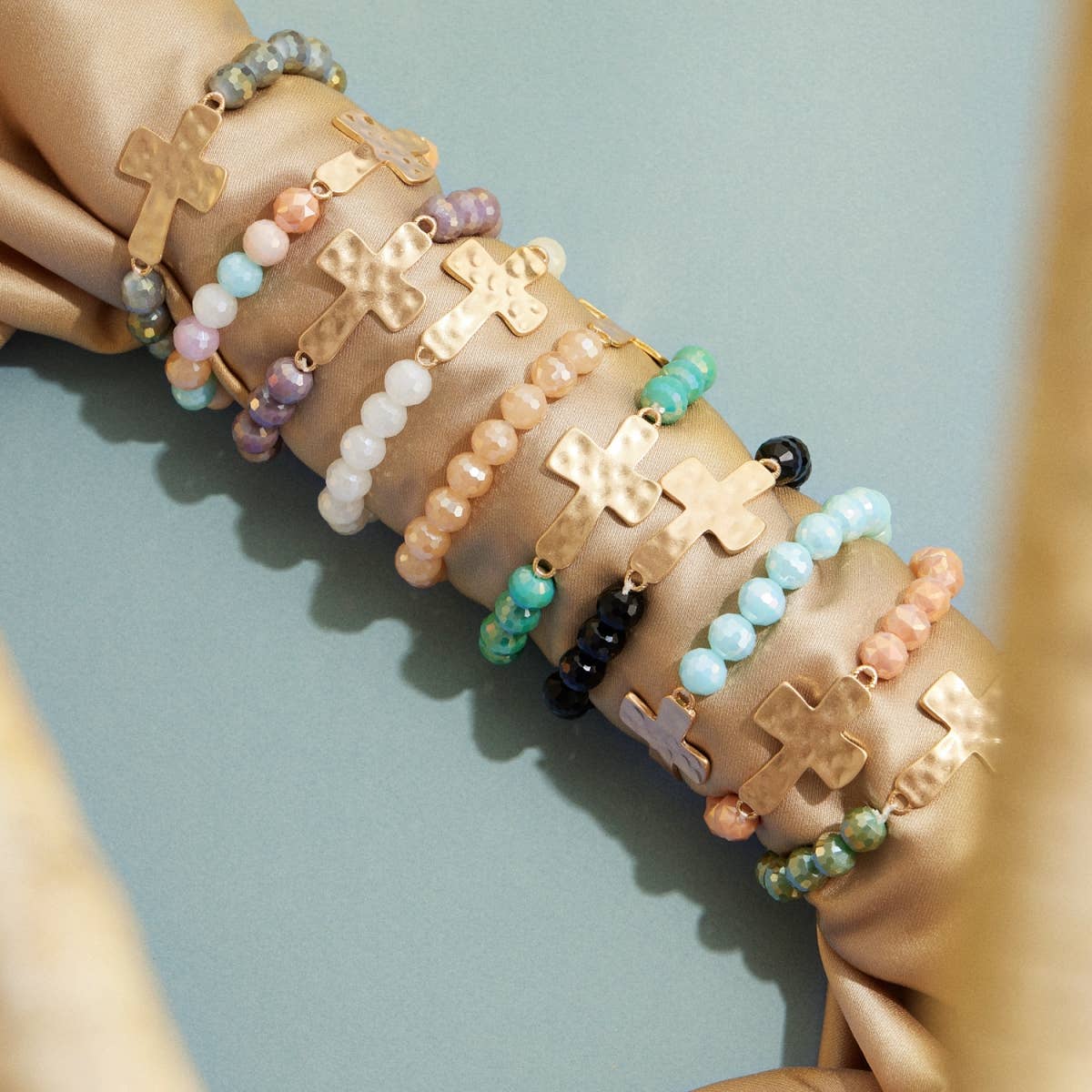 Cross Charm Glass Beaded Stretch Bracelet in Pastel Multicolor - The Pink Pineapple 850