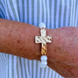 Cross Charm Glass Beaded Stretch Bracelet in White - The Pink Pineapple 850