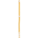Tennis bracelet with round-cut crystals, mesh, and chain links in gold-tone finish.
