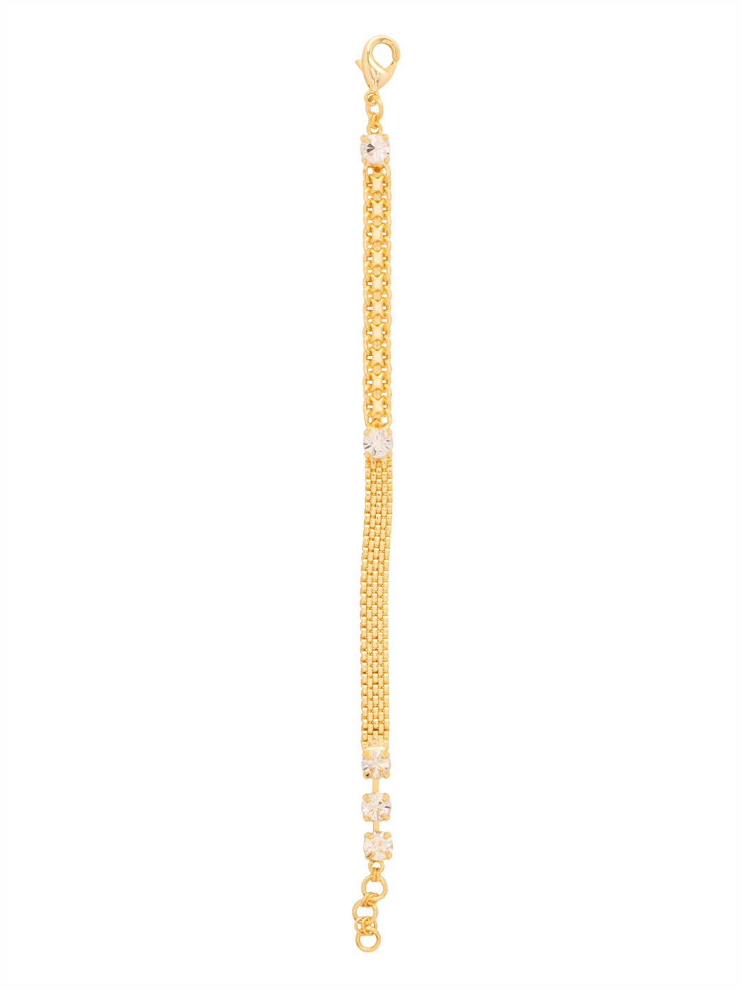 Tennis bracelet with round-cut crystals, mesh, and chain links in gold-tone finish.