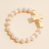 Cross Charm Glass Beaded Stretch Bracelet in Teal