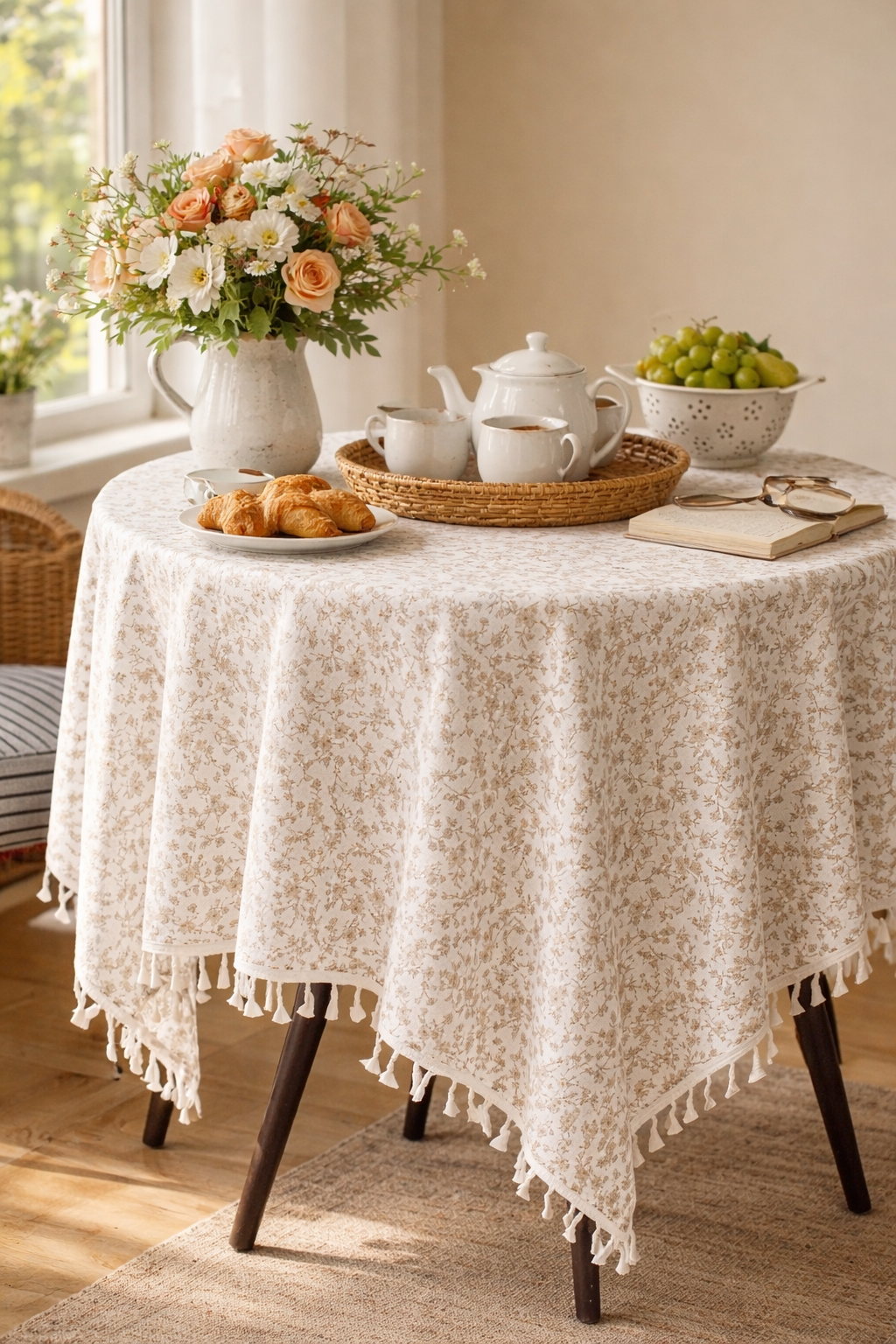 Floral cotton tablecloth with beige and taupe botanical print and ivory tassel fringe