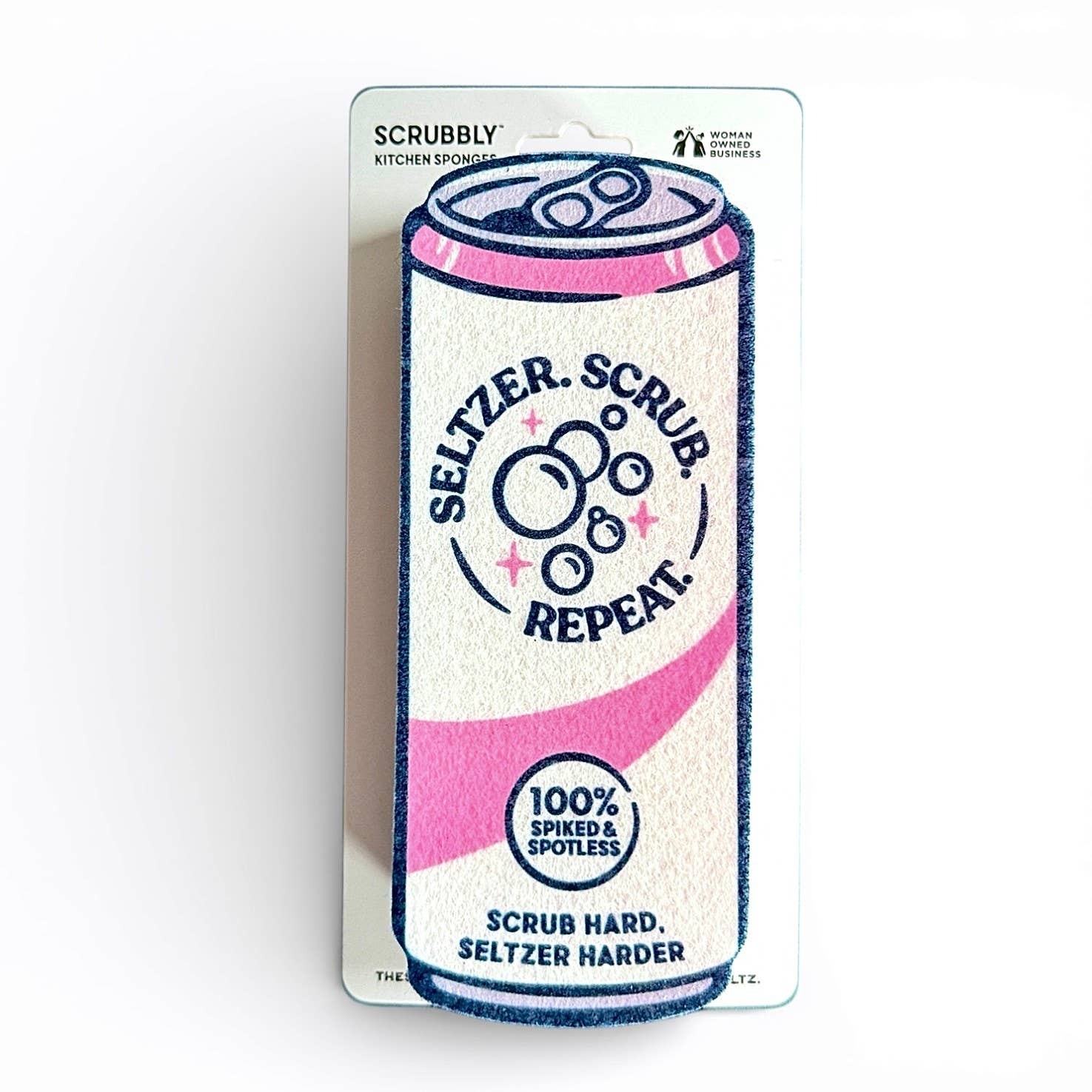 Pink seltzer can-shaped kitchen sponge with scour pad bottom