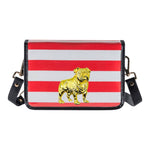Clear stadium crossbody bag with red and white striped flap, gold bulldog accent, black faux leather trim, and adjustable strap.