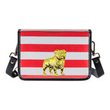 Clear stadium crossbody bag with red and white striped flap, gold bulldog accent, black faux leather trim, and adjustable strap.