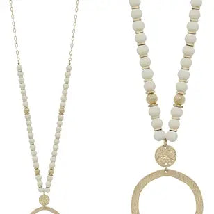 White Wood Beaded with Hammered Gold Circle Drop Necklace