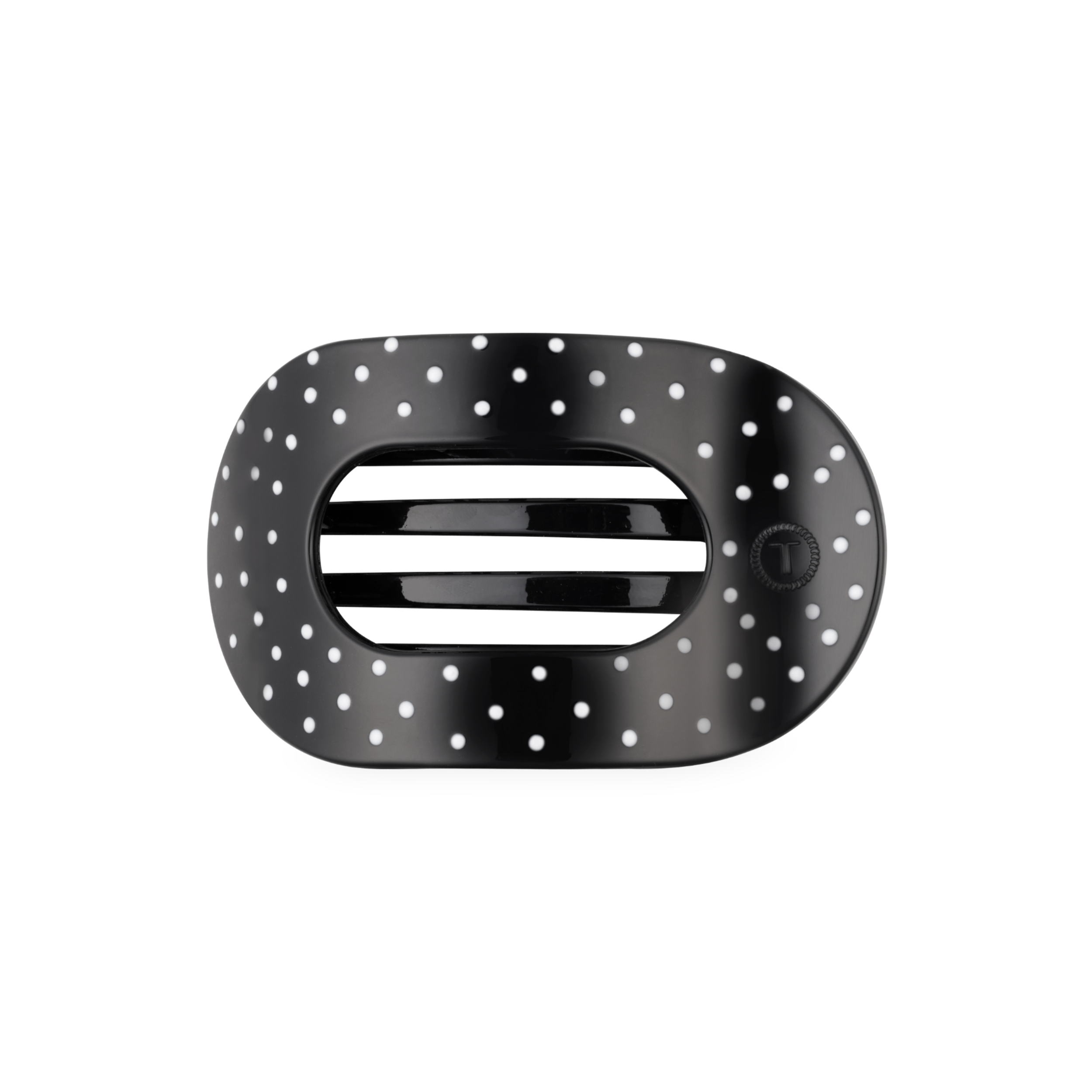 Black medium flat round hair clip with a polka dot pattern.