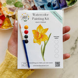 Daffodil watercolor painting kit with floral outline, watercolor paints, paintbrush, and beginner instructions