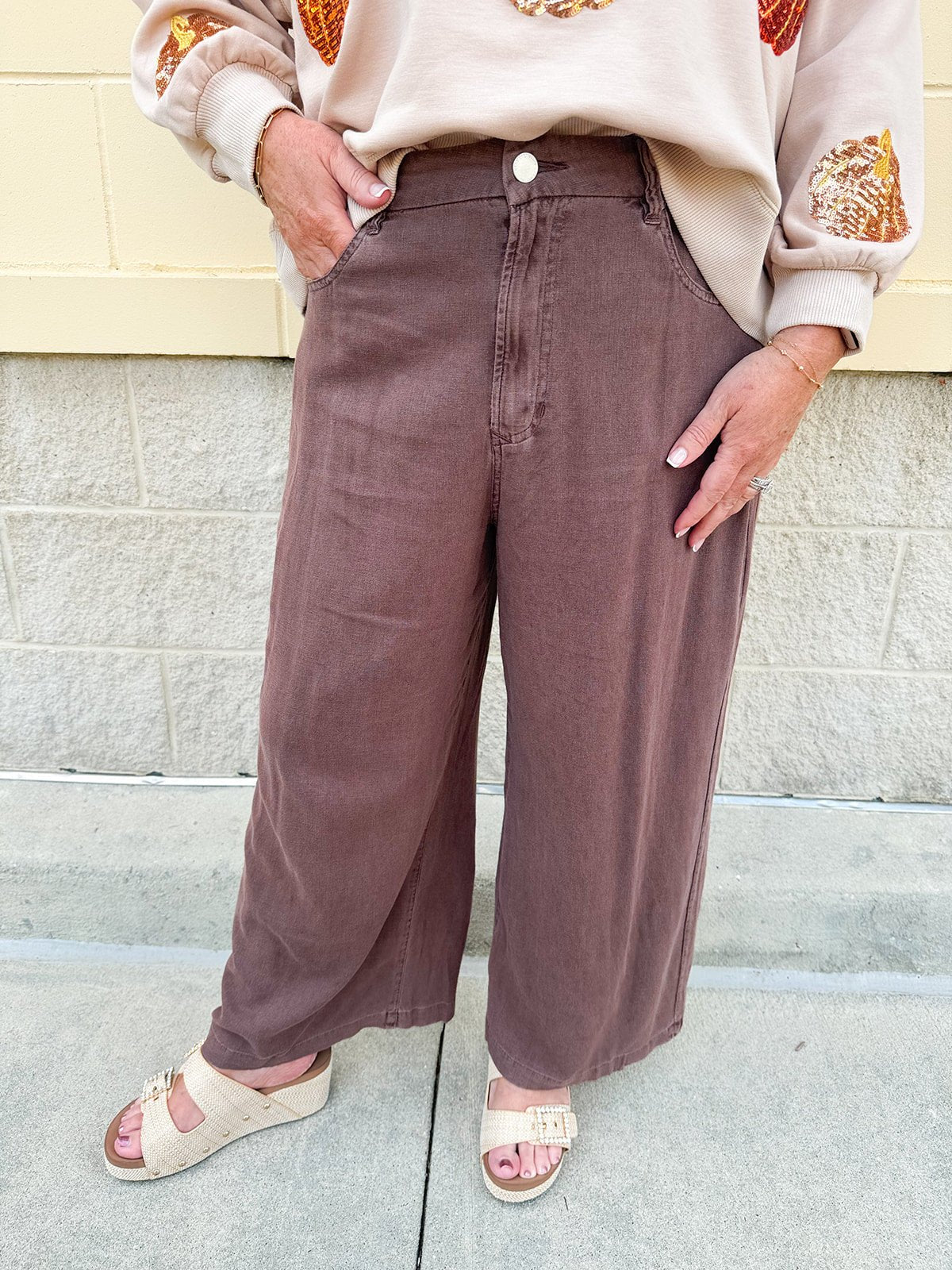 [Dear John] Cappuccino Audrey Wide Leg Crop Linen Pants - The Pink Pineapple 850