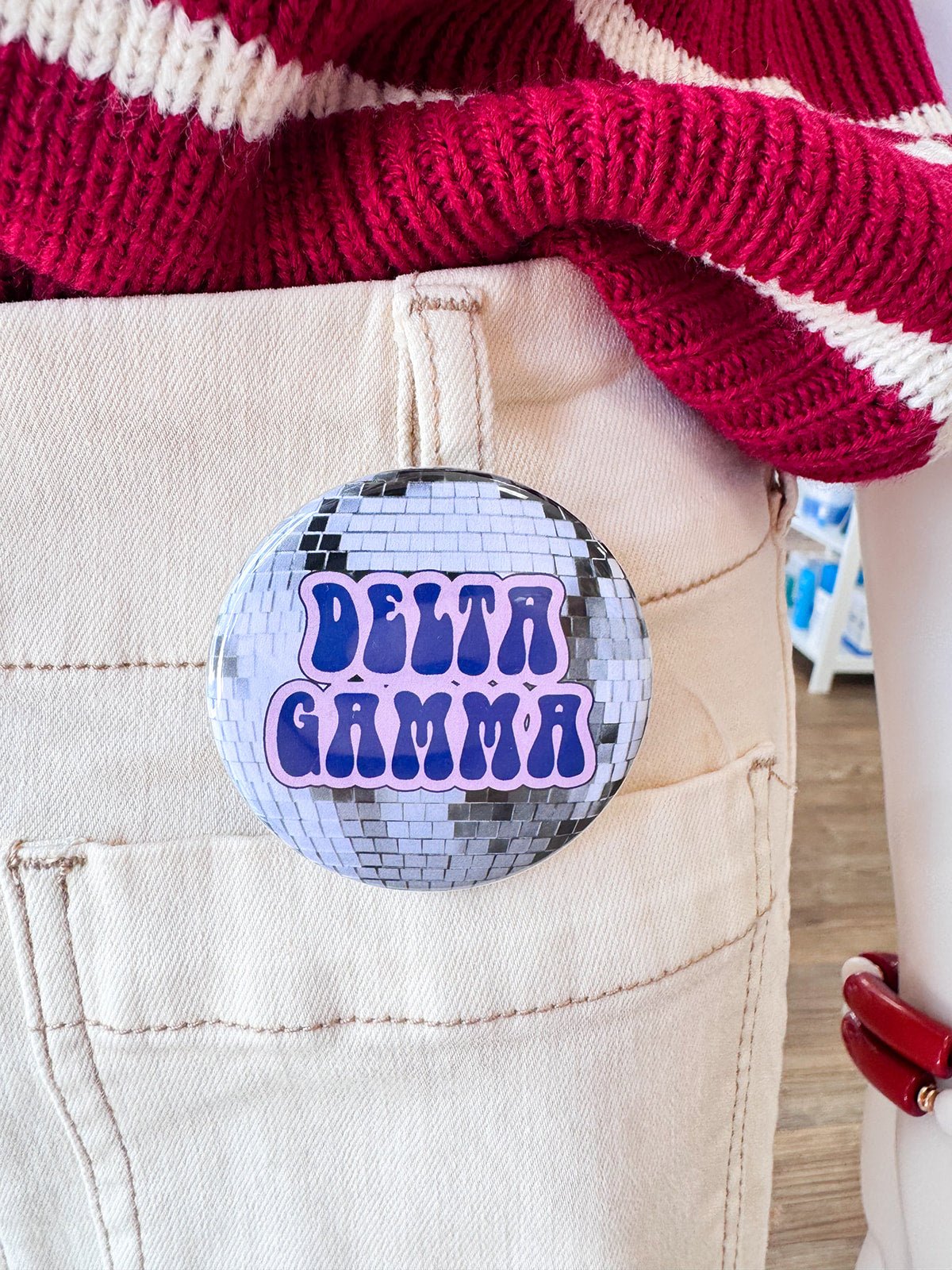 Delta Gamma Disco Button Pin - The Pink Pineapple 850