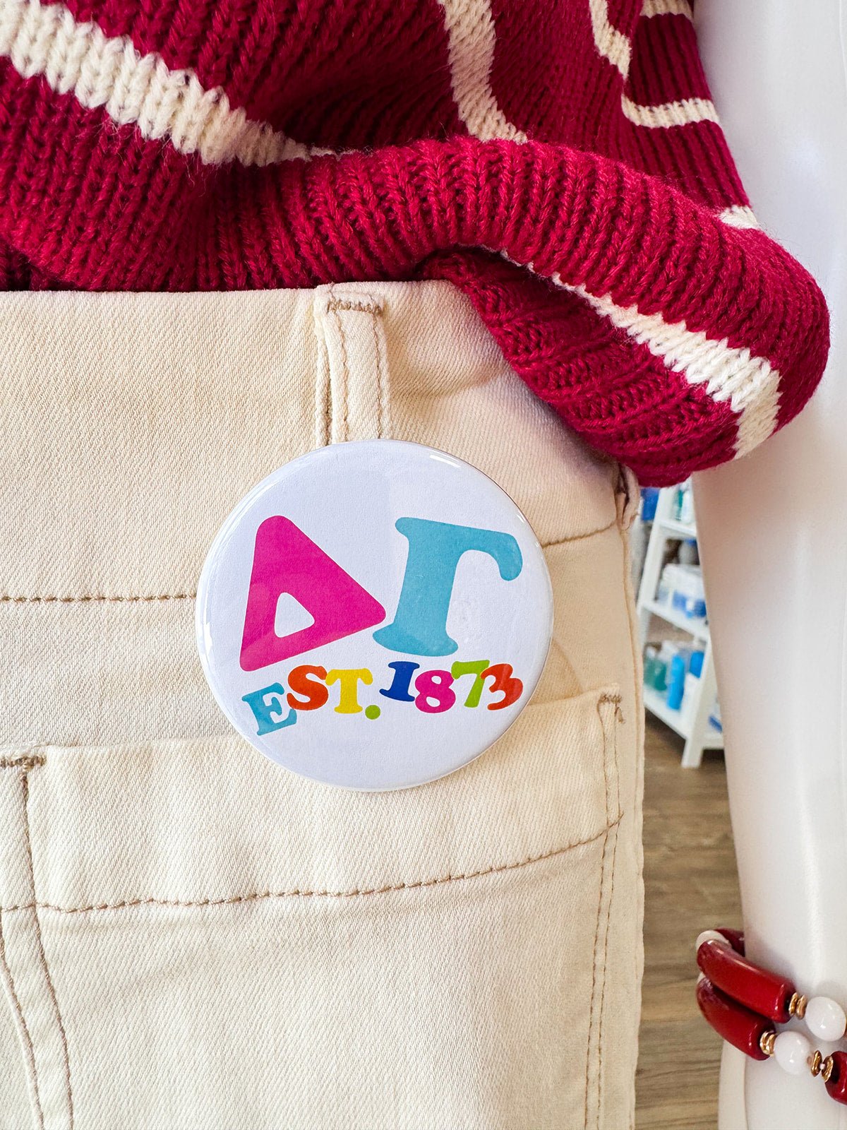 Delta Gamma Rainbow Bubble Letters Button Pin - The Pink Pineapple 850
