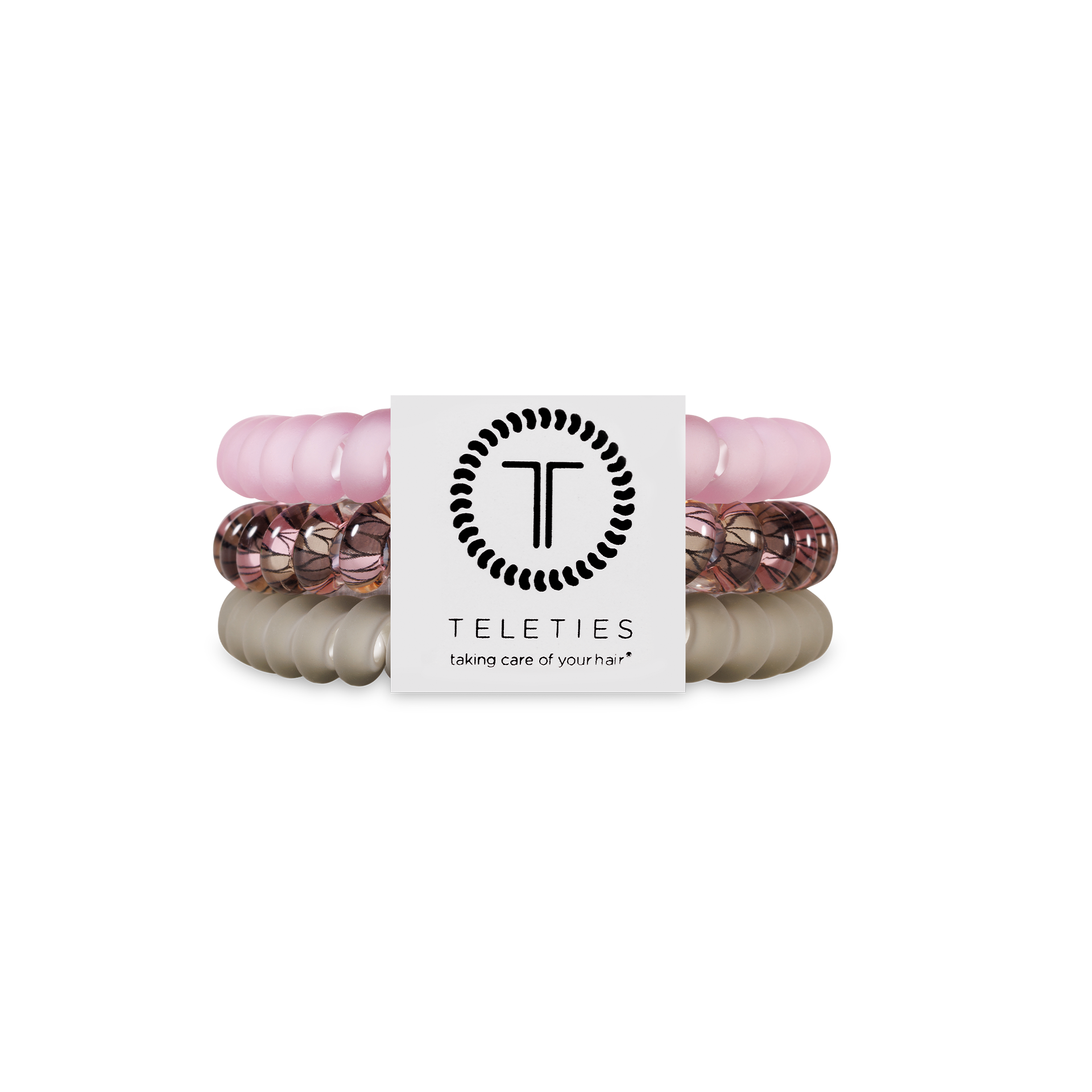Set of three small spiral hair ties in pink and sage Sage It Ain’t So design.