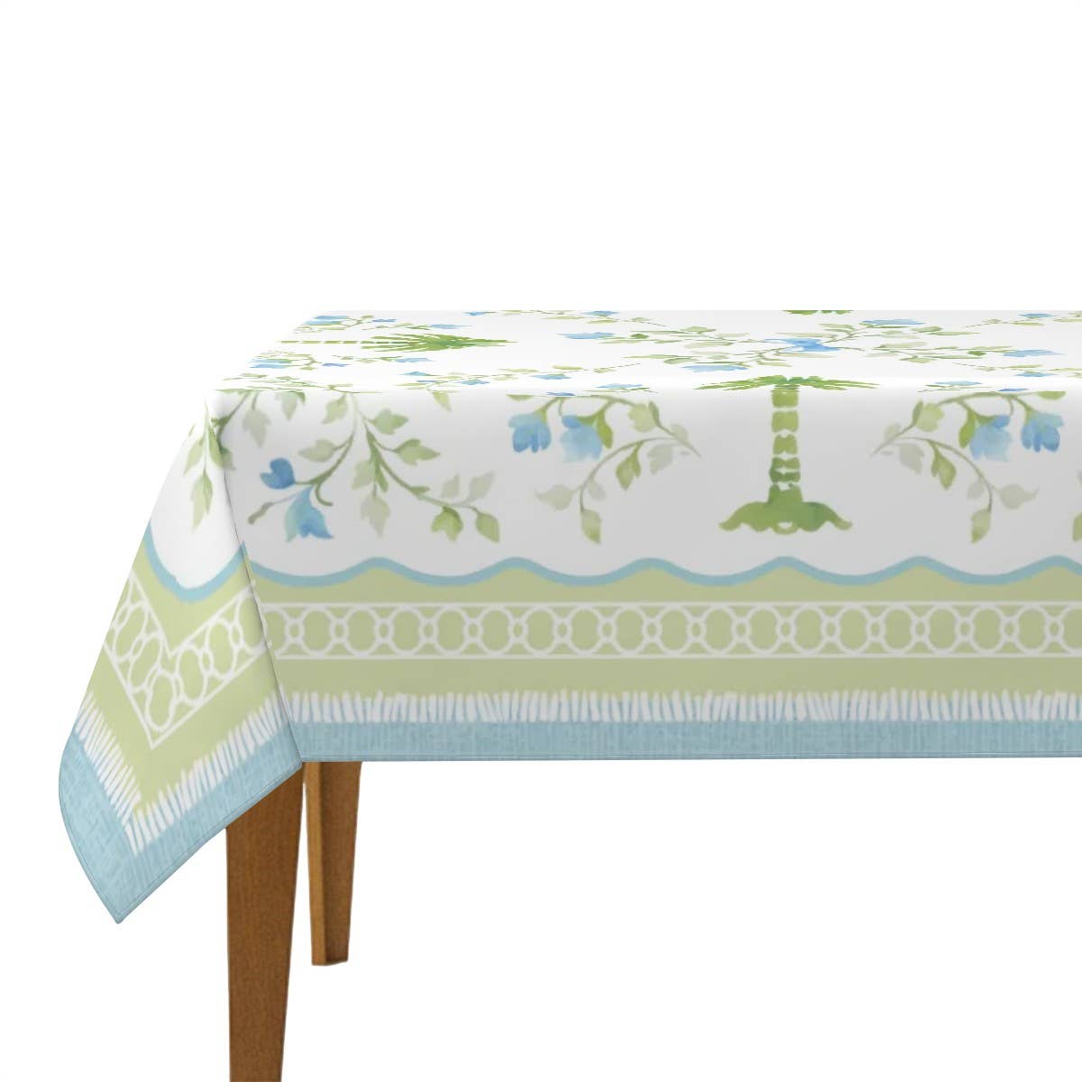 Palm Estate Mahjong tablecloth featuring blue florals, green palm trees, and a coastal botanical border.