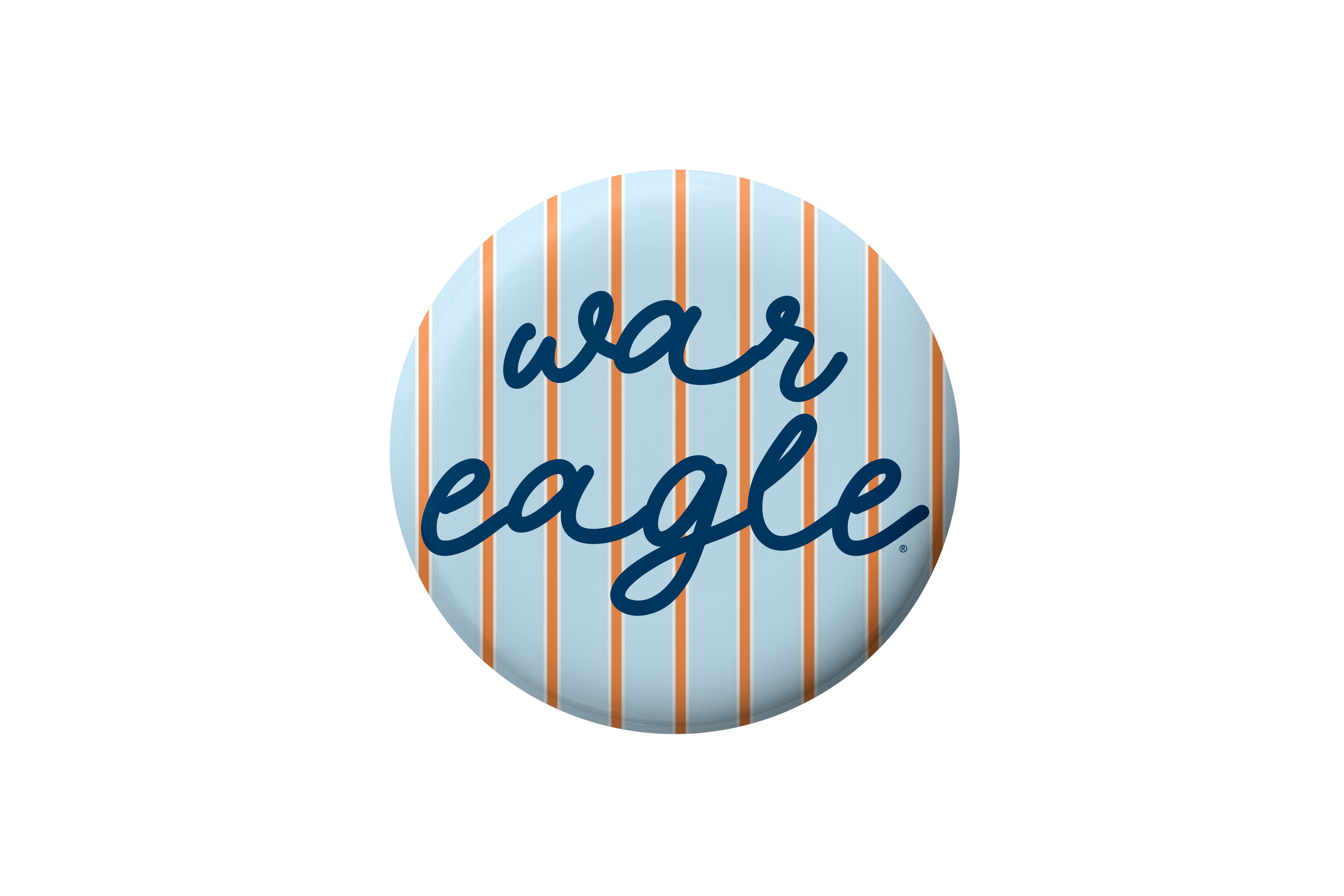 Auburn gameday button with light blue background, thin orange stripes, and dark blue cursive War Eagle lettering.
