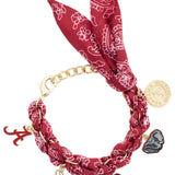 Alabama Crimson Tide adjustable bandana charm bracelet featuring a bandana-style fabric band with gold Alabama-themed charms including the Alabama A, elephant, heart, script, and coin charms.