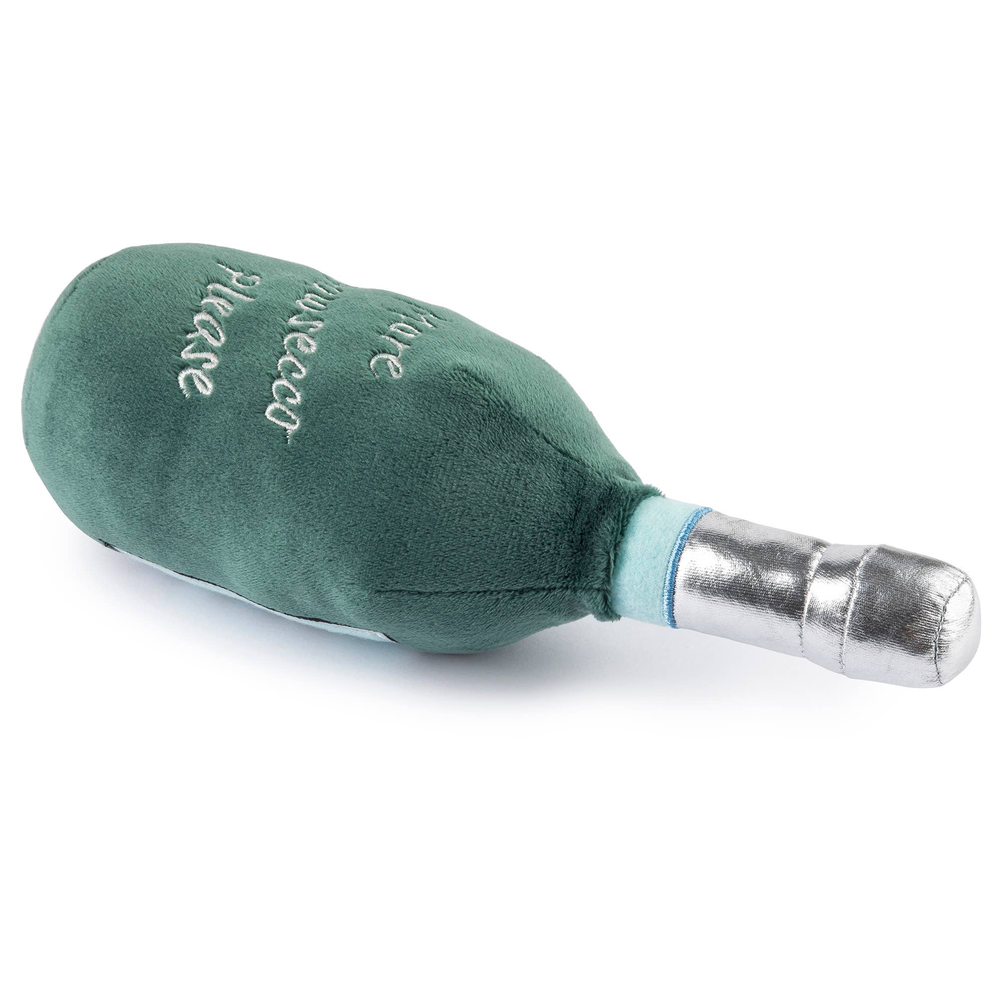 Plush Pawsecco bottle-shaped dog toy with a narrow neck and hidden squeaker.