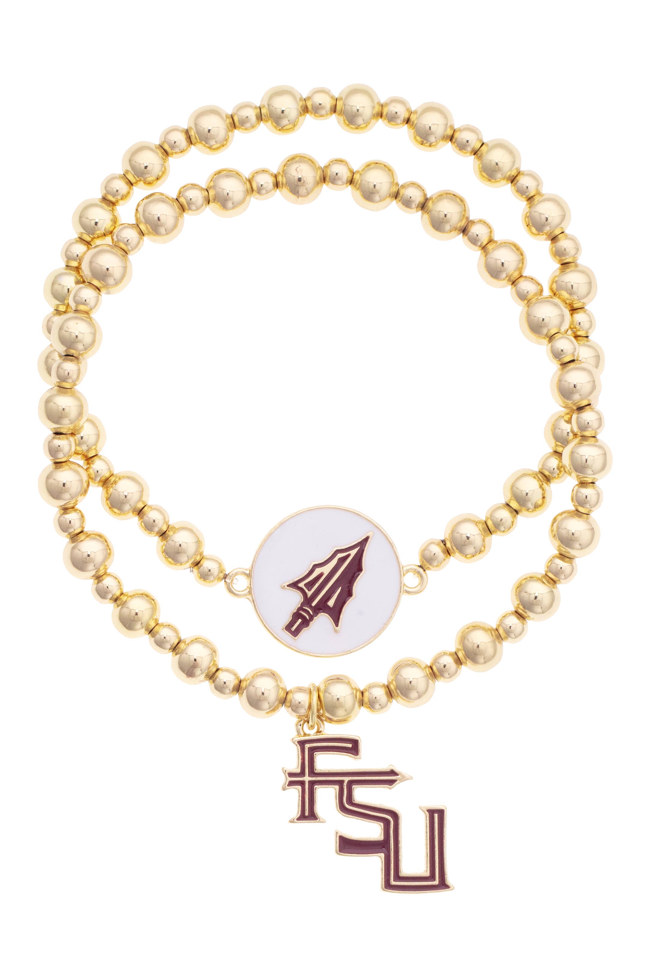 Florida State Seminoles set of two gold ball bead stretch bracelets featuring an FSU charm and a Seminoles spear charm.