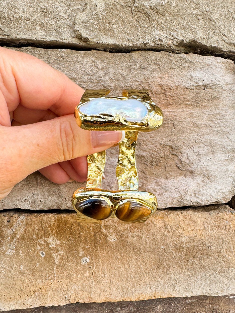 [Easton Elle] Tigers Eye & Freshwater Pearl Double Cuff - The Pink Pineapple 850