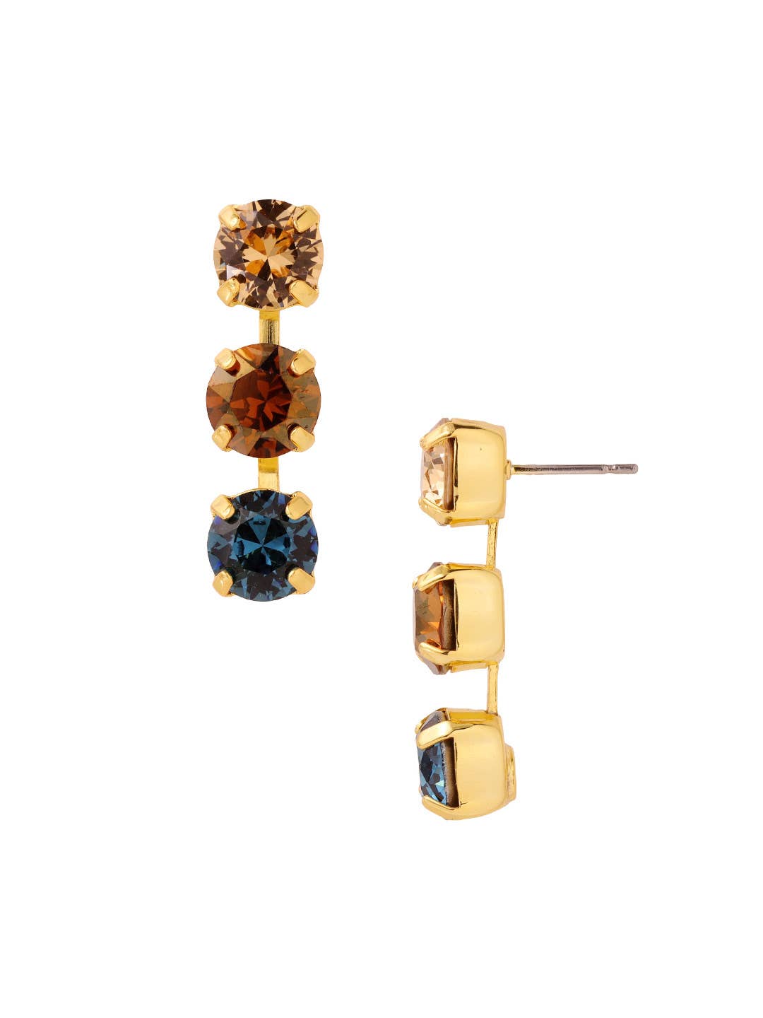 Gold-tone triple dangle earrings with champagne, amber, and dark blue round crystals.