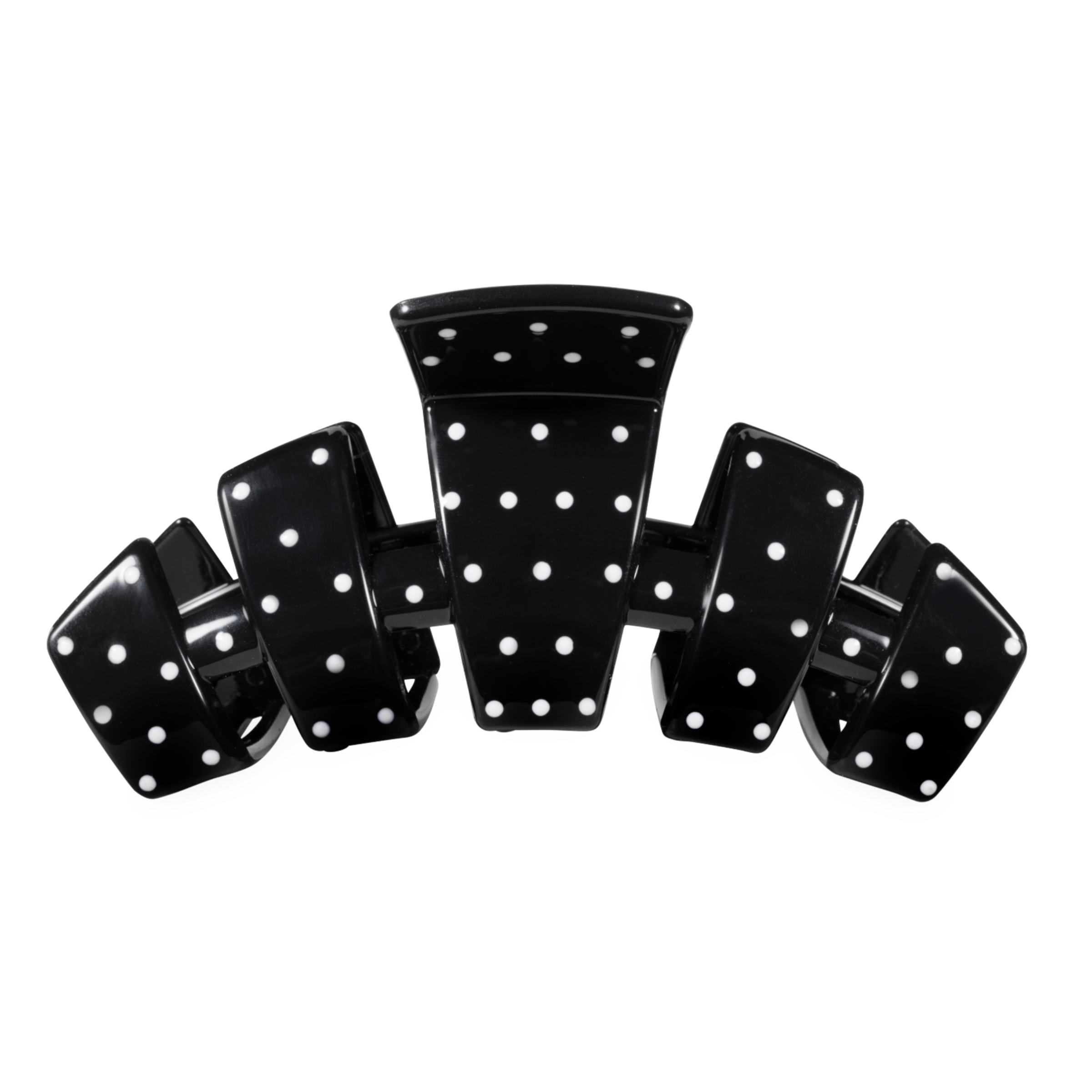 Black and white large claw clip with a polka dot pattern.