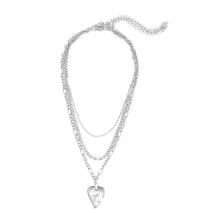 Triple Layered Worn Silver Heart 16"-18" Necklace