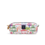 Zip pouch with colorful pagoda-inspired print featuring lanterns, bridges, palm trees, and willow trees with bamboo zipper pull.