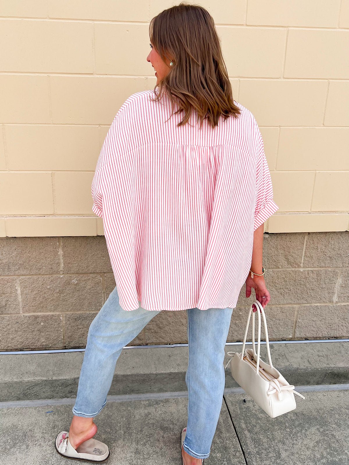 Effortless Lines Button Down Top in Coral - The Pink Pineapple 850