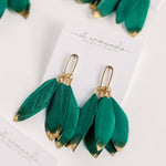 Emerald Gold Dipped Feather Statement Earrings - The Pink Pineapple 850