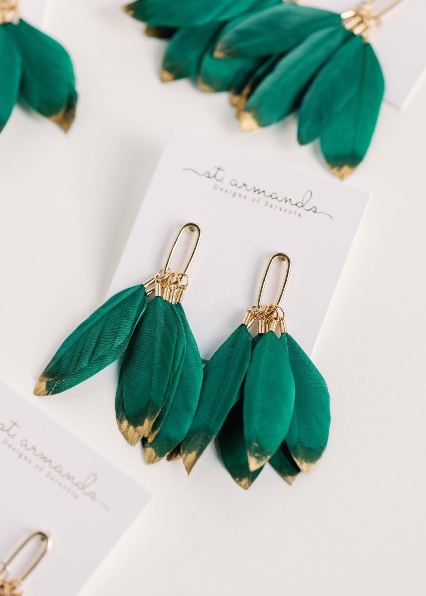 Emerald Gold Dipped Feather Statement Earrings - The Pink Pineapple 850