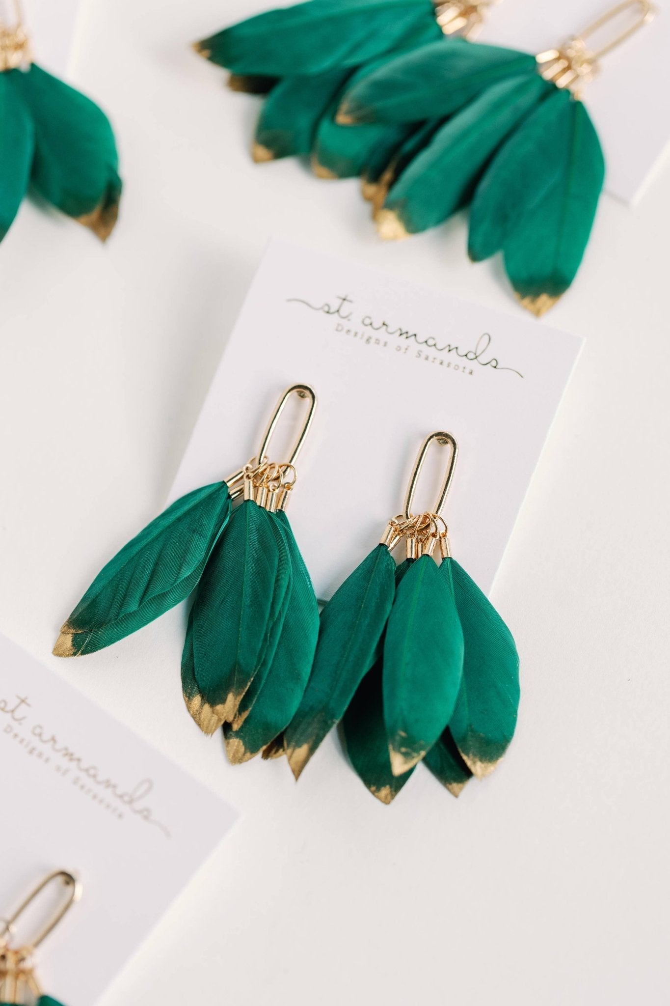 Emerald Gold Dipped Feather Statement Earrings - The Pink Pineapple 850