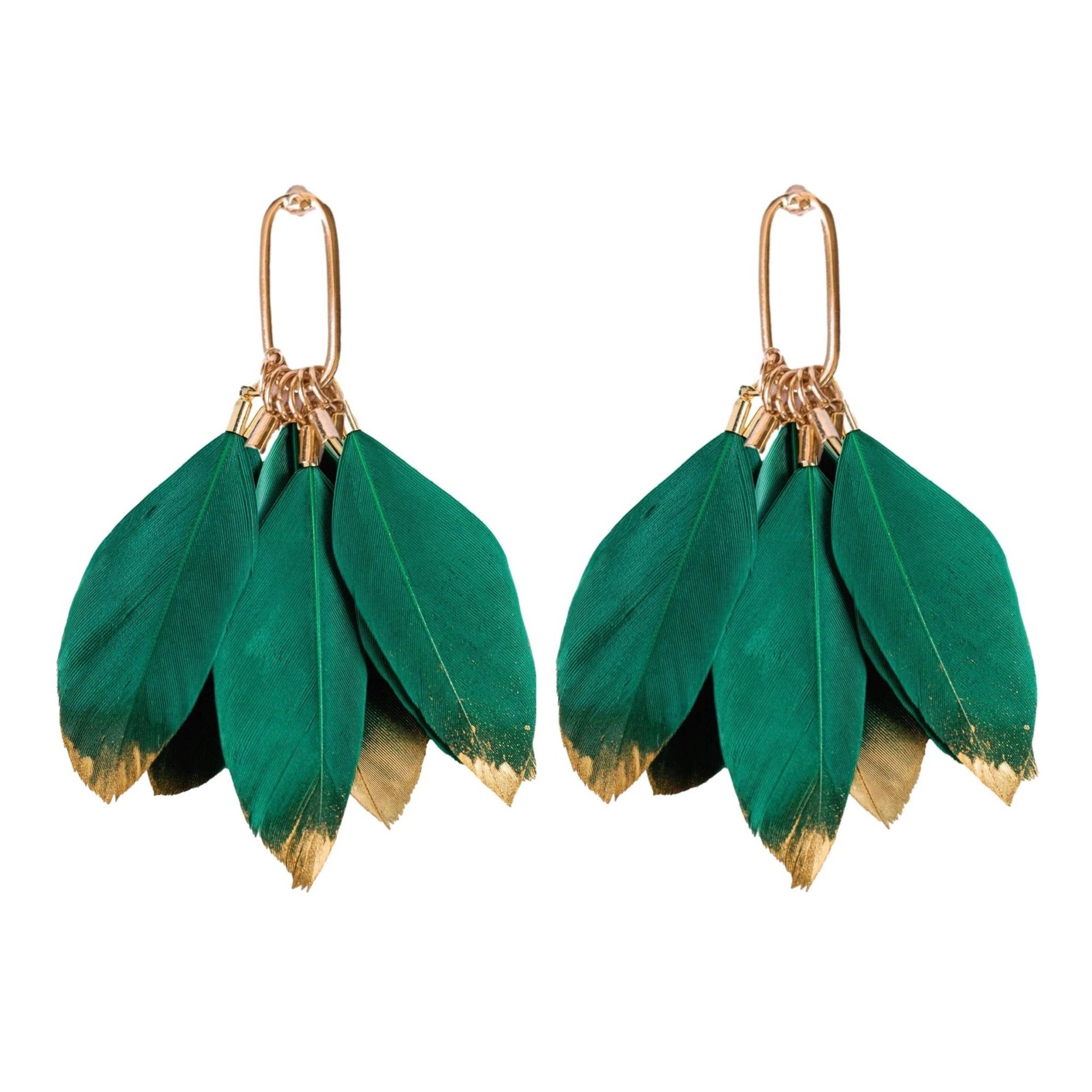 Emerald Gold Dipped Feather Statement Earrings - The Pink Pineapple 850