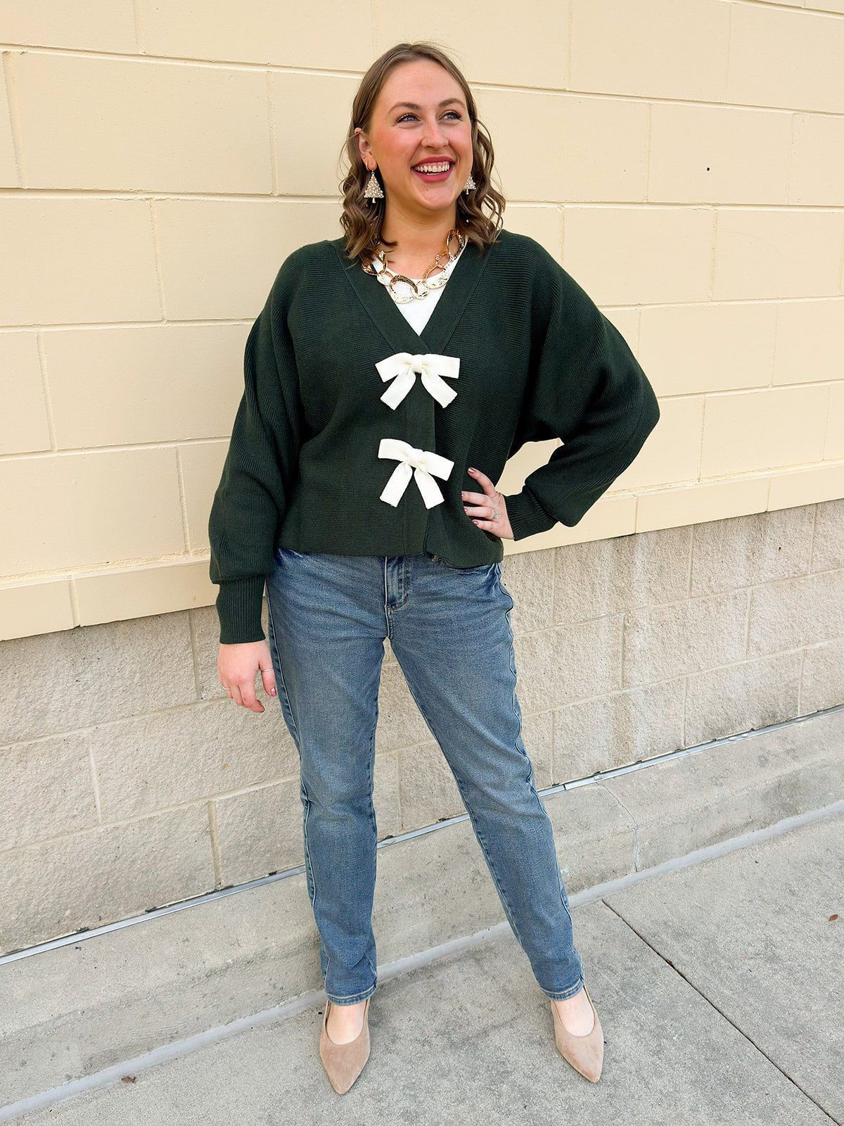 Evergreen Charm Bow Cardigan - The Pink Pineapple 850