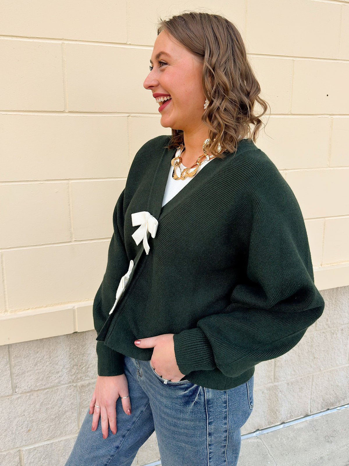 Evergreen Charm Bow Cardigan - The Pink Pineapple 850