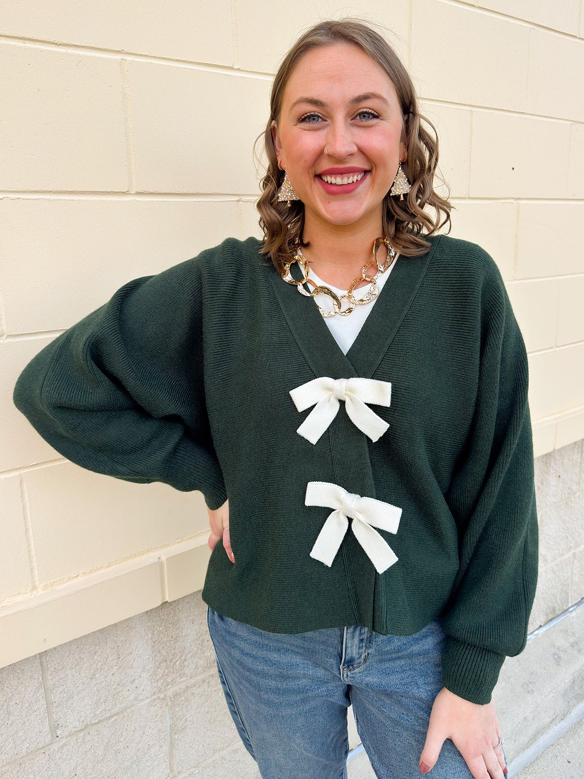 Evergreen Charm Bow Cardigan - The Pink Pineapple 850