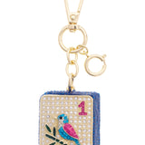 Mahjong One Dot tile-shaped keychain featuring a bird design, silver rhinestones, blue rhinestone accents, and gold-tone hardware.